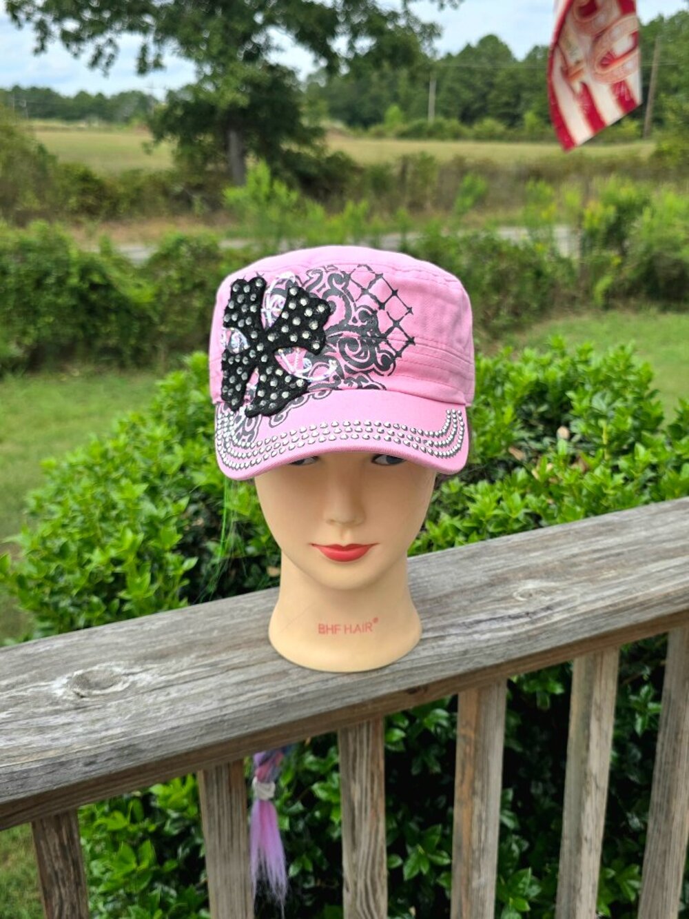 Ladies Pink & Black Cross BLING Hat new no tags